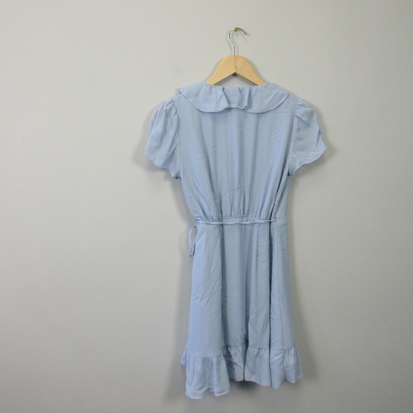 Aritzia Sunday Best Wrap Mini Dress 0 Blue Ruffle Trim Short Sleeve Sundress 320 - Picture 2 of 10